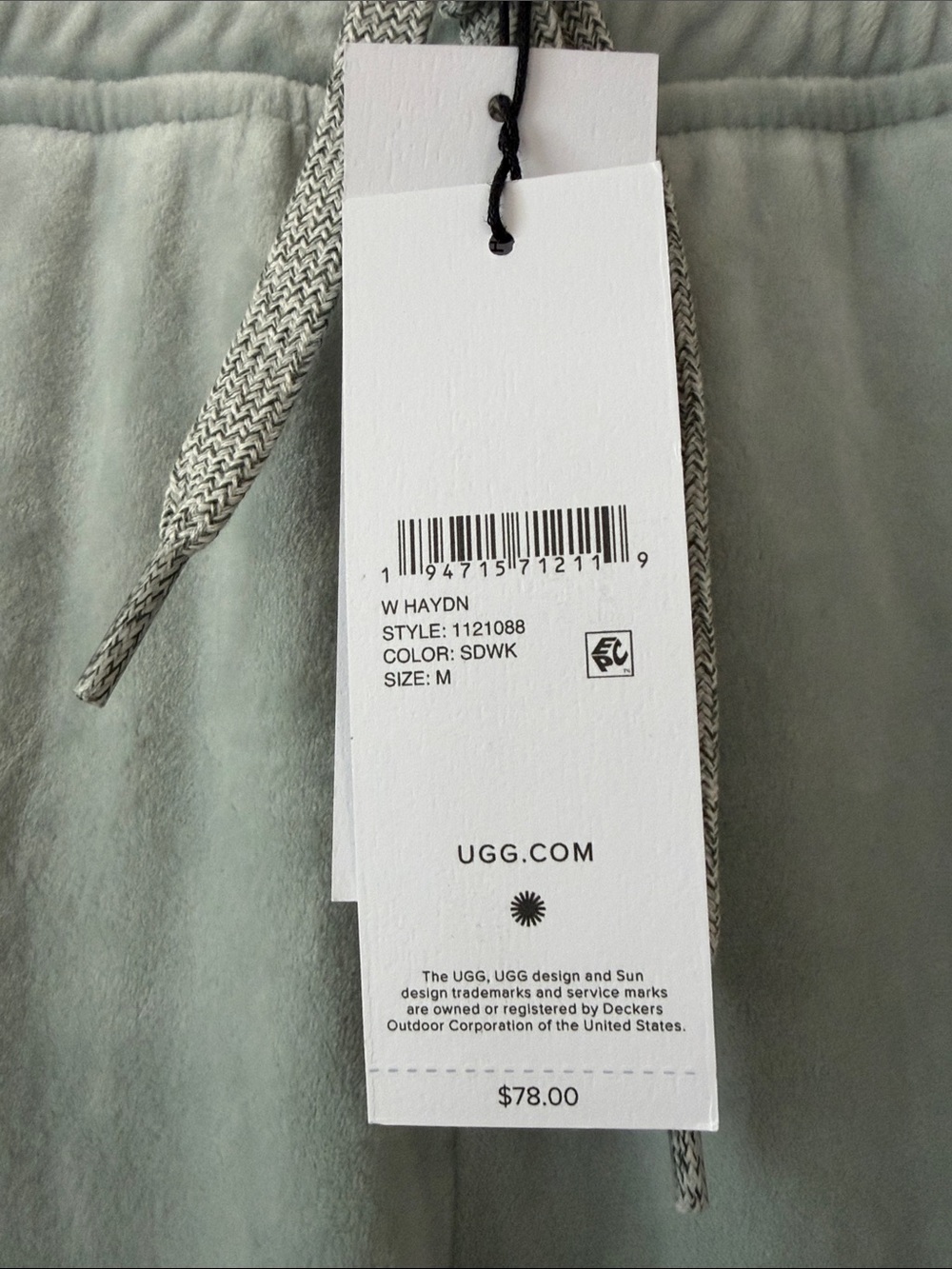 UGG Light Green Velour Track Joggers, NWT, women's Medium
